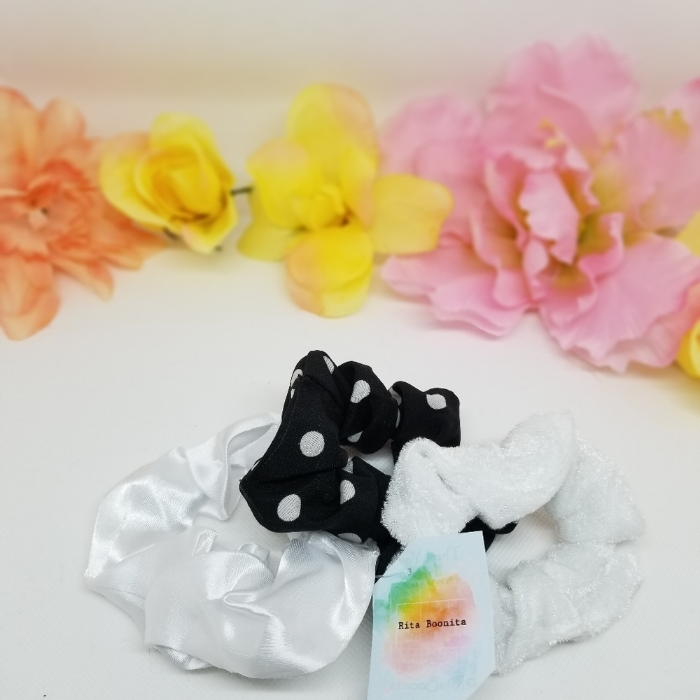 NEW scrunchies- black white polka dot